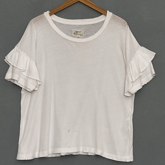 Current Elliott Womens Top 2 M Ruffle Roadie Tee Sugar White Distressed Classic - Picture 1 of 15